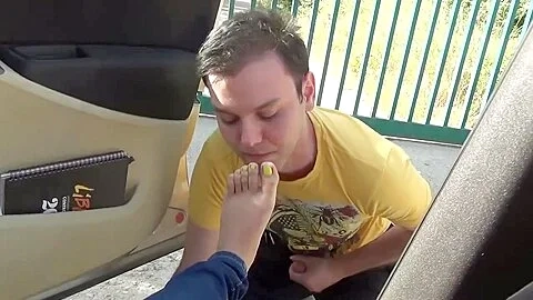 Cute Boy Worshiping My Sexy Feet With Yellow Toe Nails In Public